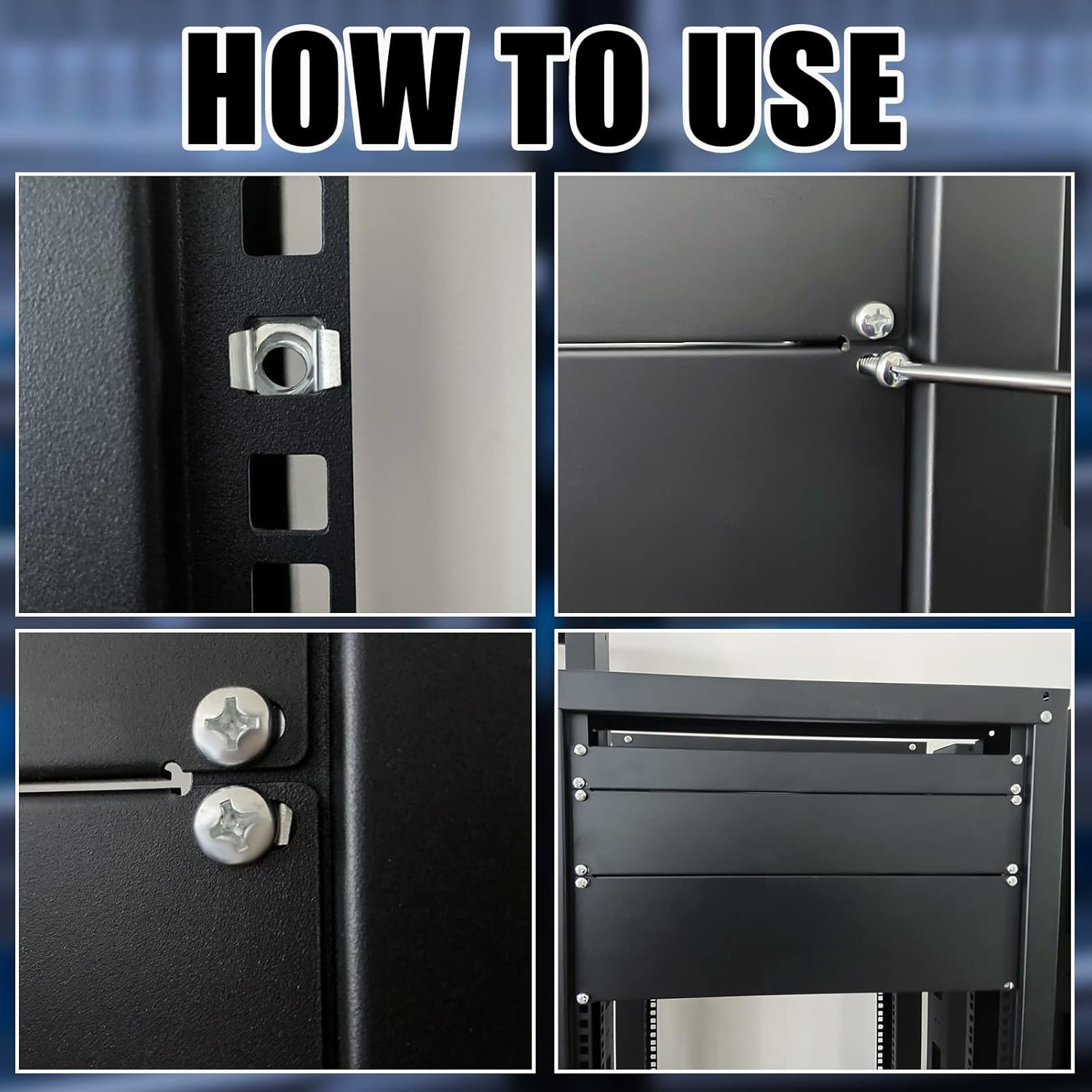 Leinuosen 4 Pcs 4U Blank Rack Mount Panel Spacer Metal Blank Panel Black Server Rack Accessories Mount Filler for 19 Inch Server Network Enclosure Cabinet Cable