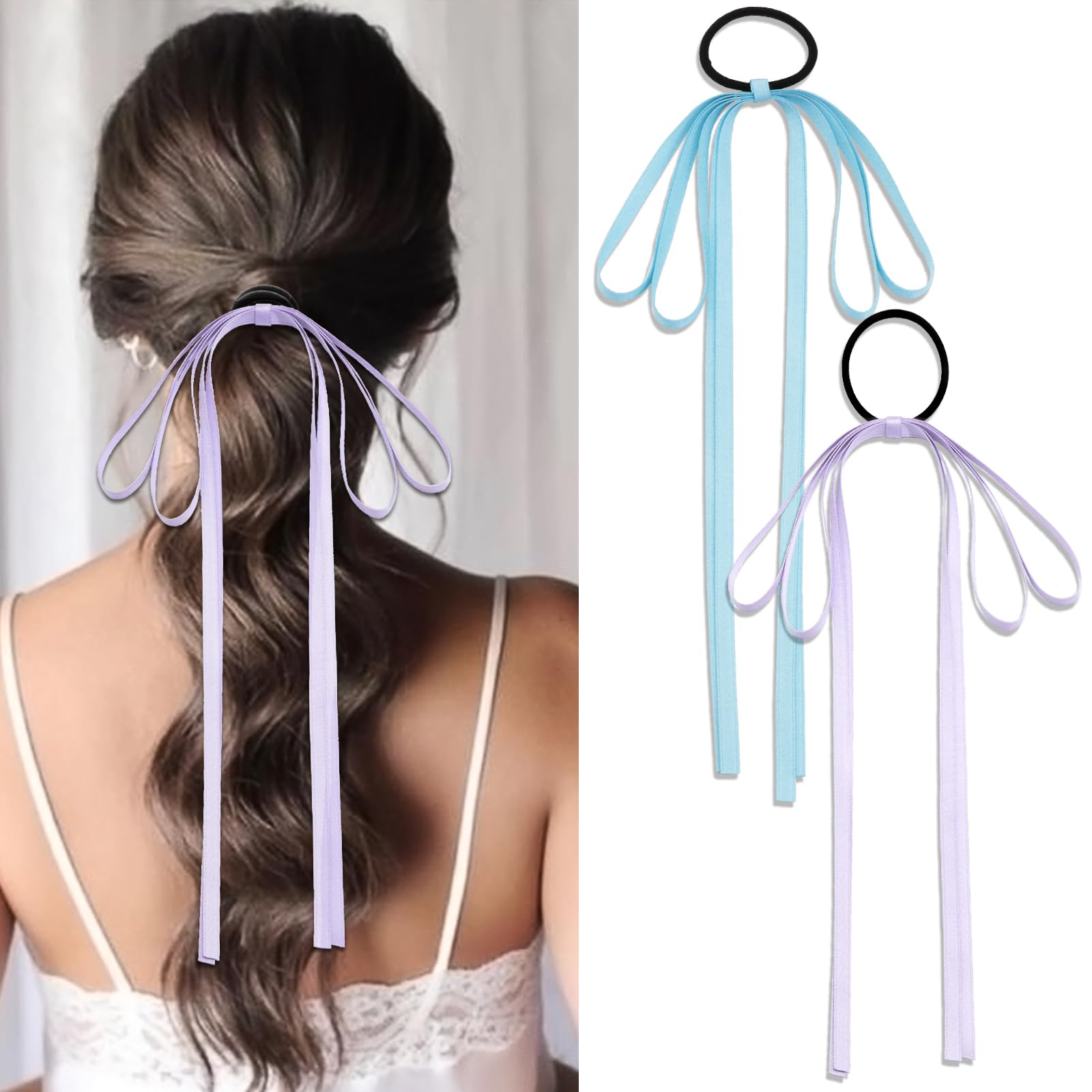 2PCS Silky Satin Bow Hair Ties Beige Black Tassel Ribbon Hair Bows Long Tail Bowknot Hair Bands Hair Cute Stretchy Hair Rope Hair Ponytail Holders for Women Girls Teens (Purple+blue)