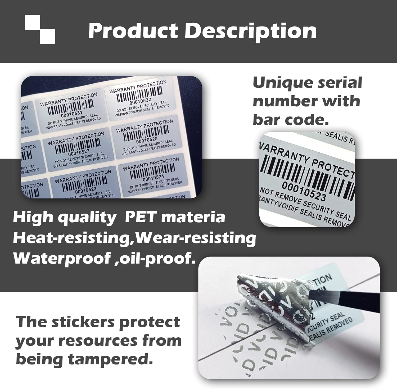 160pcs Tamper Evident Barcode Stickers with Individual Serial Number Security Warranty Void Sticker,Sealing Label for Package(1.6x0.8 inches,Silver) - Image 2