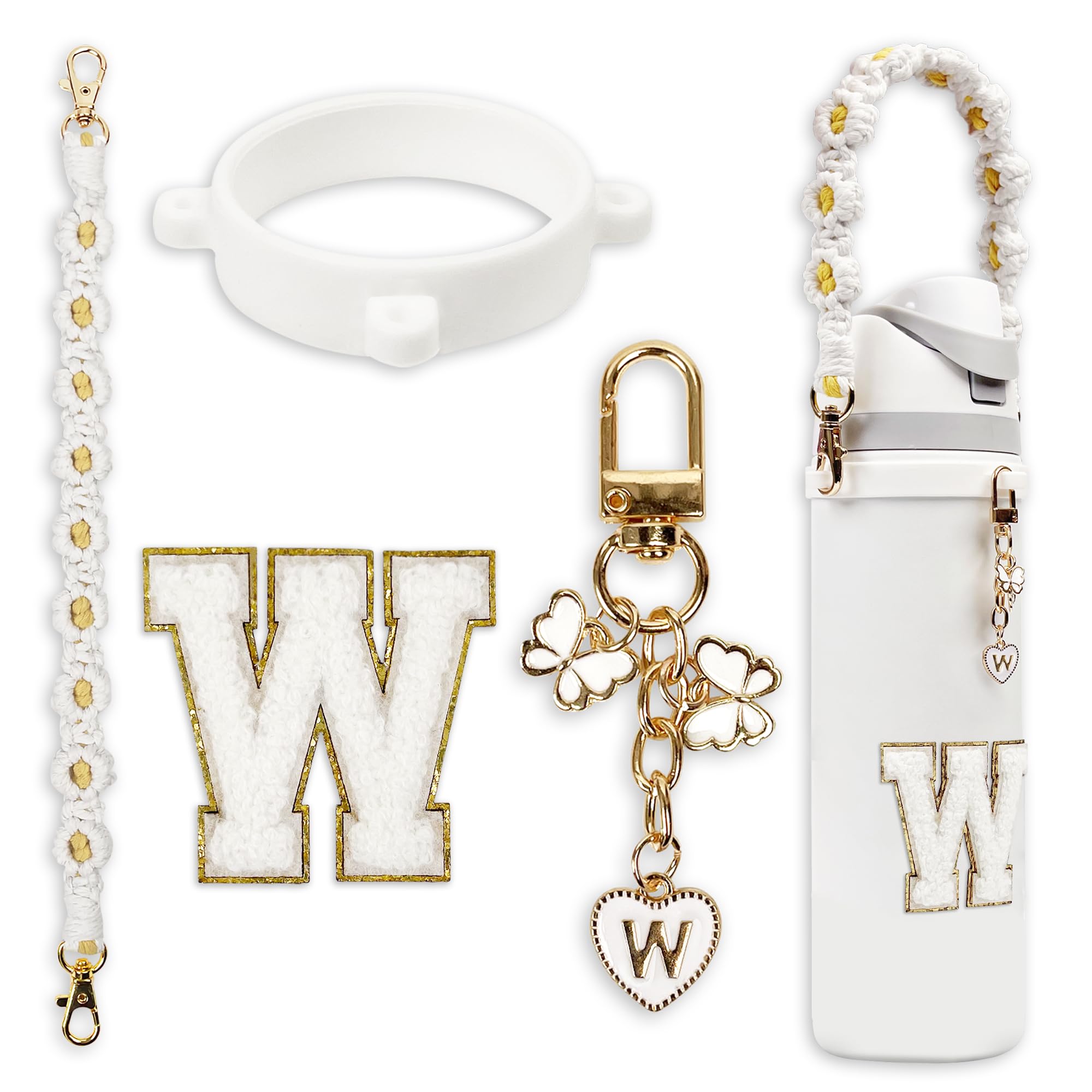 Compatible with Owala Water Bottle Accessories, Cute Letter Charm Set with Boho Handle Strap, Monogram Sticker, Silicone Ring, Keychain Decoration,