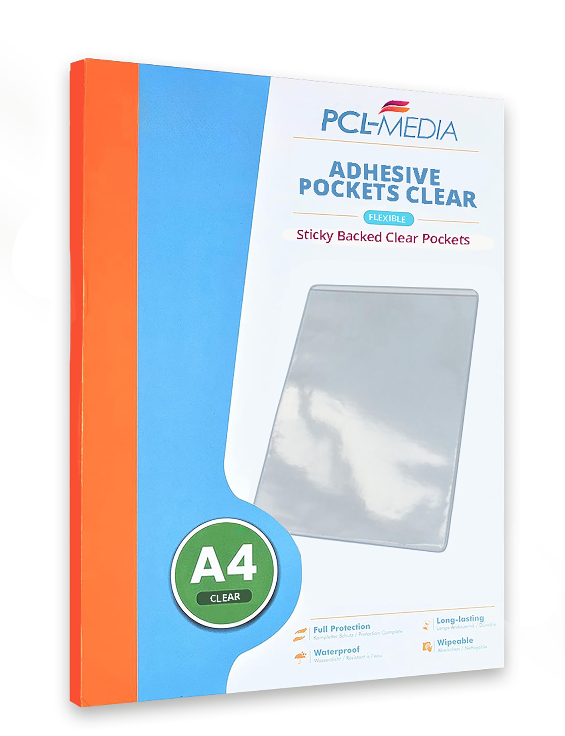 PCL Media ltd® A4 Clear Self Adhesive Pocket (Pack of 100) - Short Edge Opening - Adhesive Document Holder