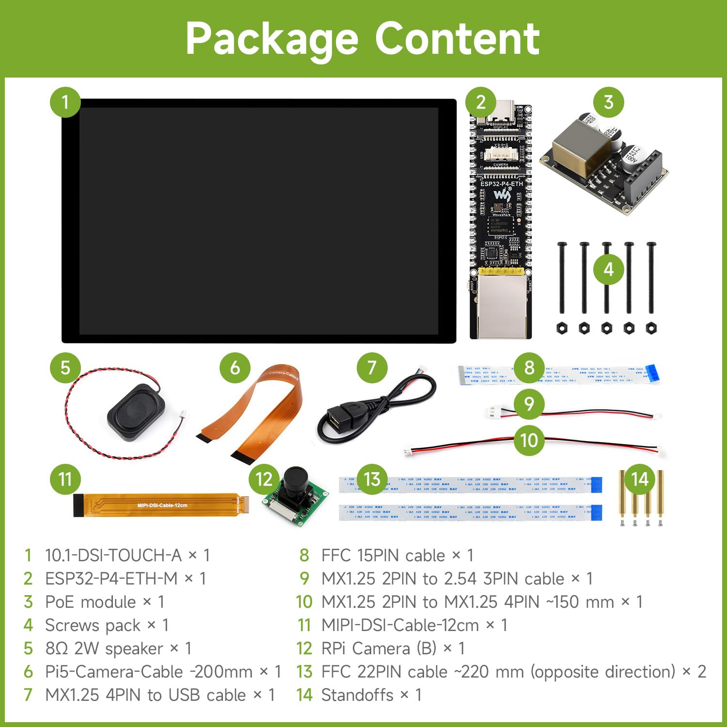 Waveshare ESP32-P4-ETH High-Performance Development Board, ESP32-P4, with 100 Mbps RJ45, with Pre-Solder Pin Headers, Bundle with 10.1inch Screen, PoE Module, Camera and Speaker