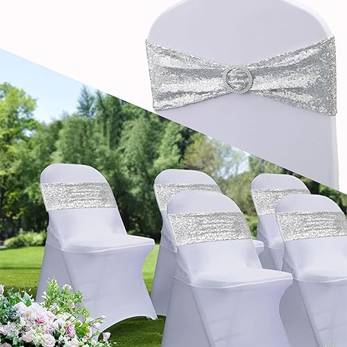 Miniatura 9 de WENSINL Paquete de 10 bandas de lentejuelas para sillas de boda, color azul bebé, para sillas plegables y sillas de banquete, bandas elásticas para