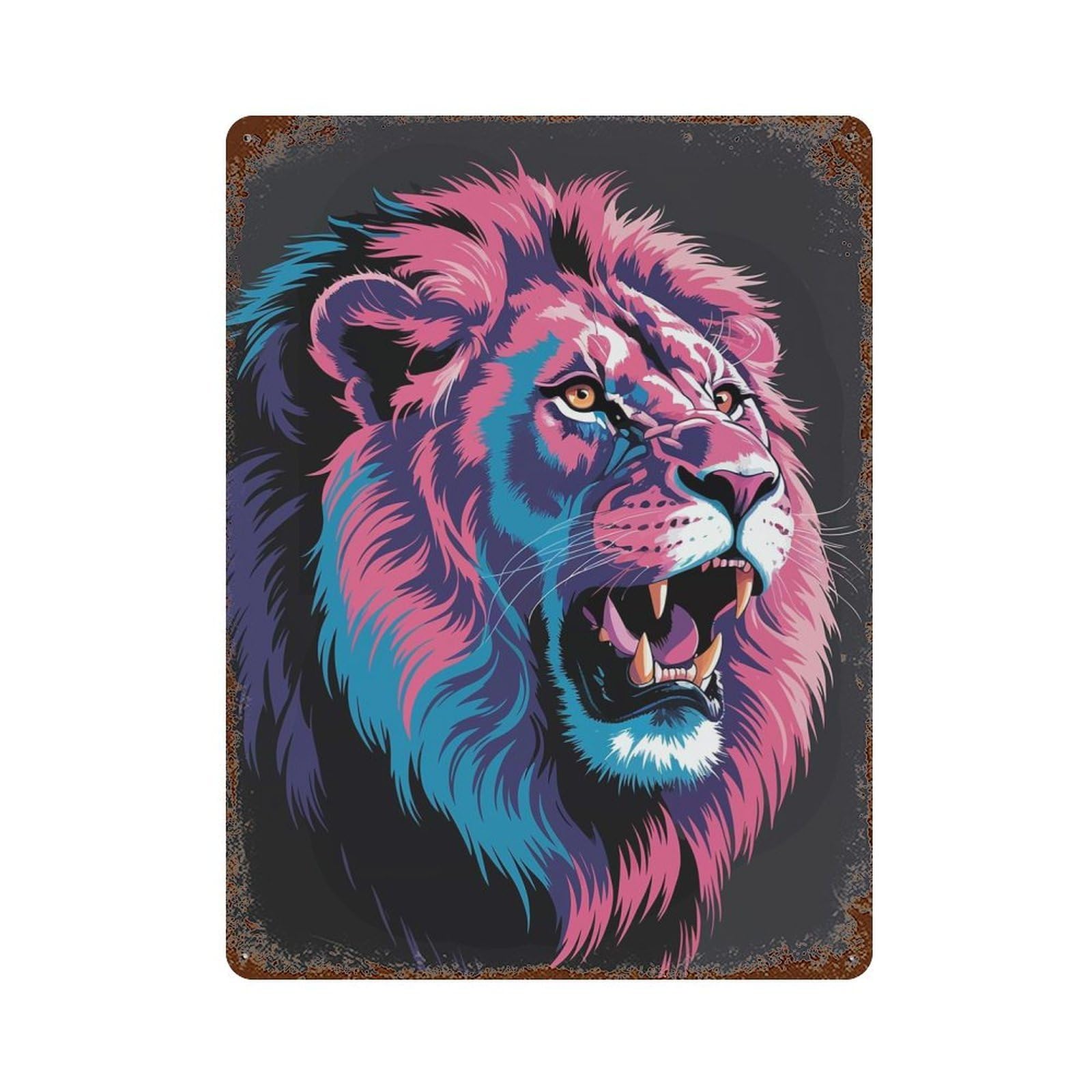 Weathered Tin Sign with Colorful Roaring Lion Head Illustration Design 15.7"x11.8", for Basement, Hobby Room And Garage Decor, Industrial Home Decor