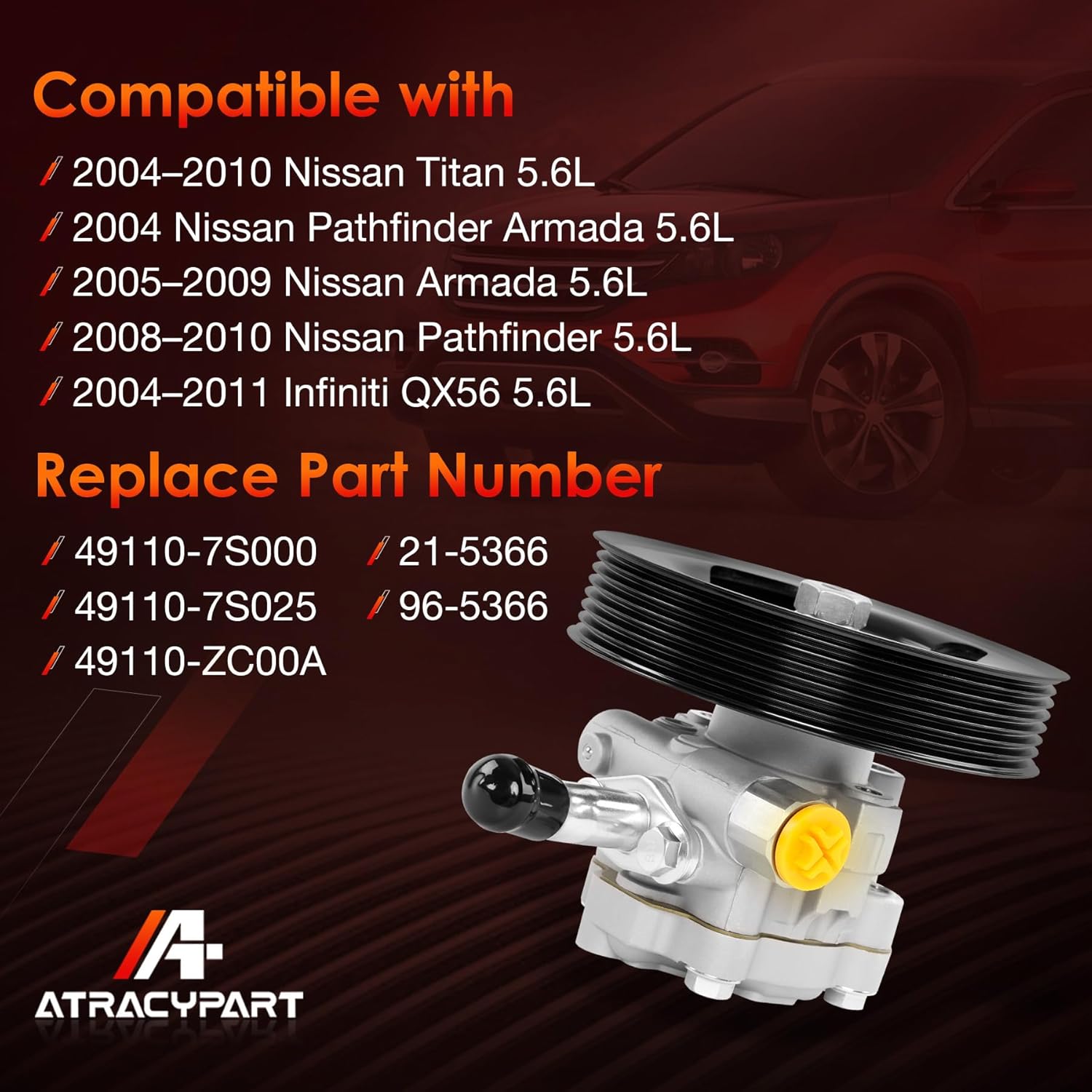 Power Steering Pump, with Pulley, Compatible with 2004-2011 Nissan Titan/Armada/Pathfinder and Infiniti QX56, Only Fits 5.6L V8 engines, Replace #21-5366, 49110-7S000, 990-0741, 5898