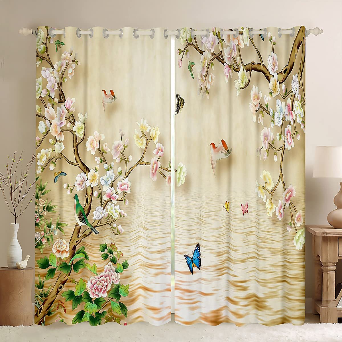 Floral Curtain Colorful Blossom Flowers Window Drapes for Kids Boys Girls Cute Butterflies Birds Window Curtains for Bedroom Nature Herbs Plants Window Treatments W66*L72