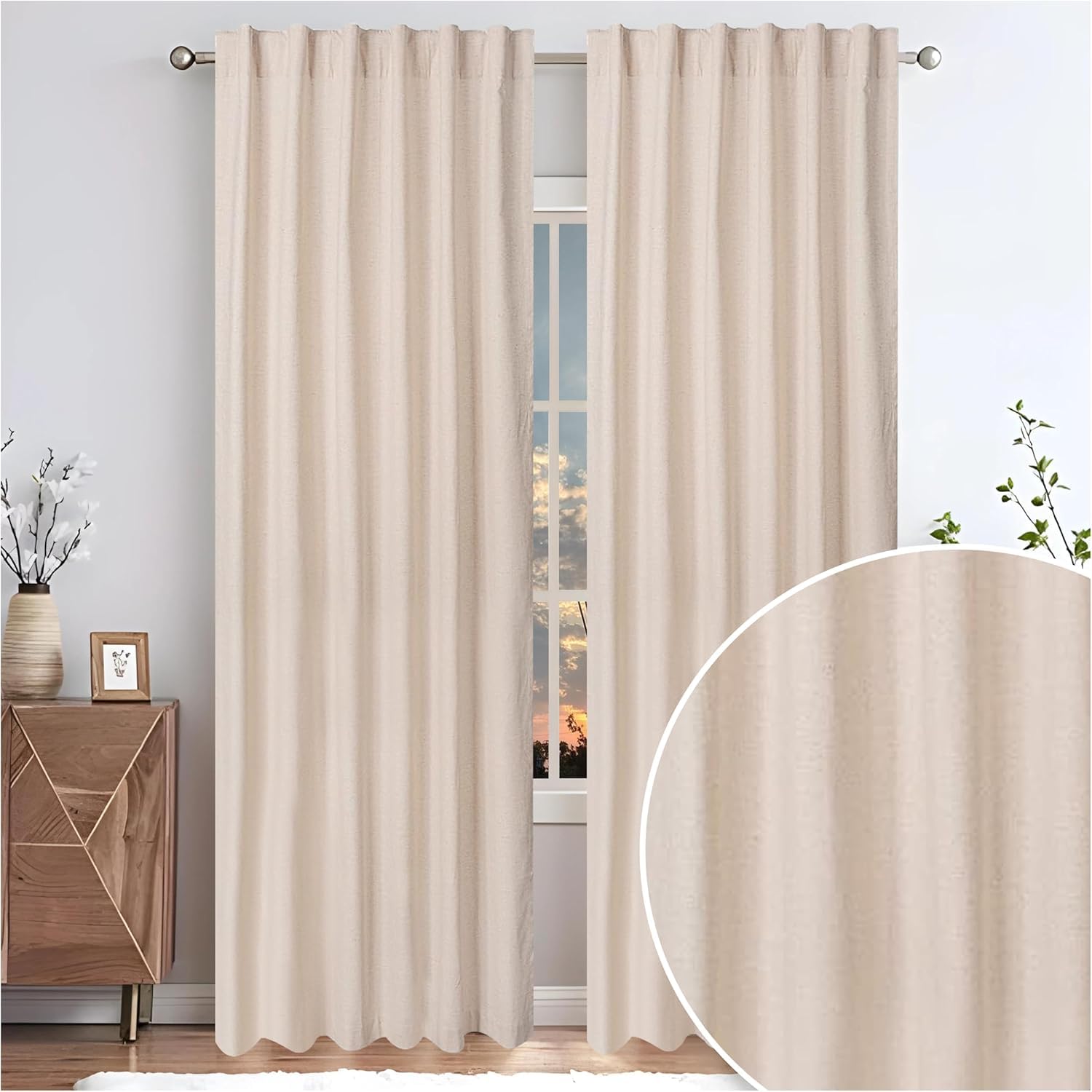 HOMIDATE Lot de 2 panneaux de rideaux en coton et lin naturel, 127 x 274,3 cm