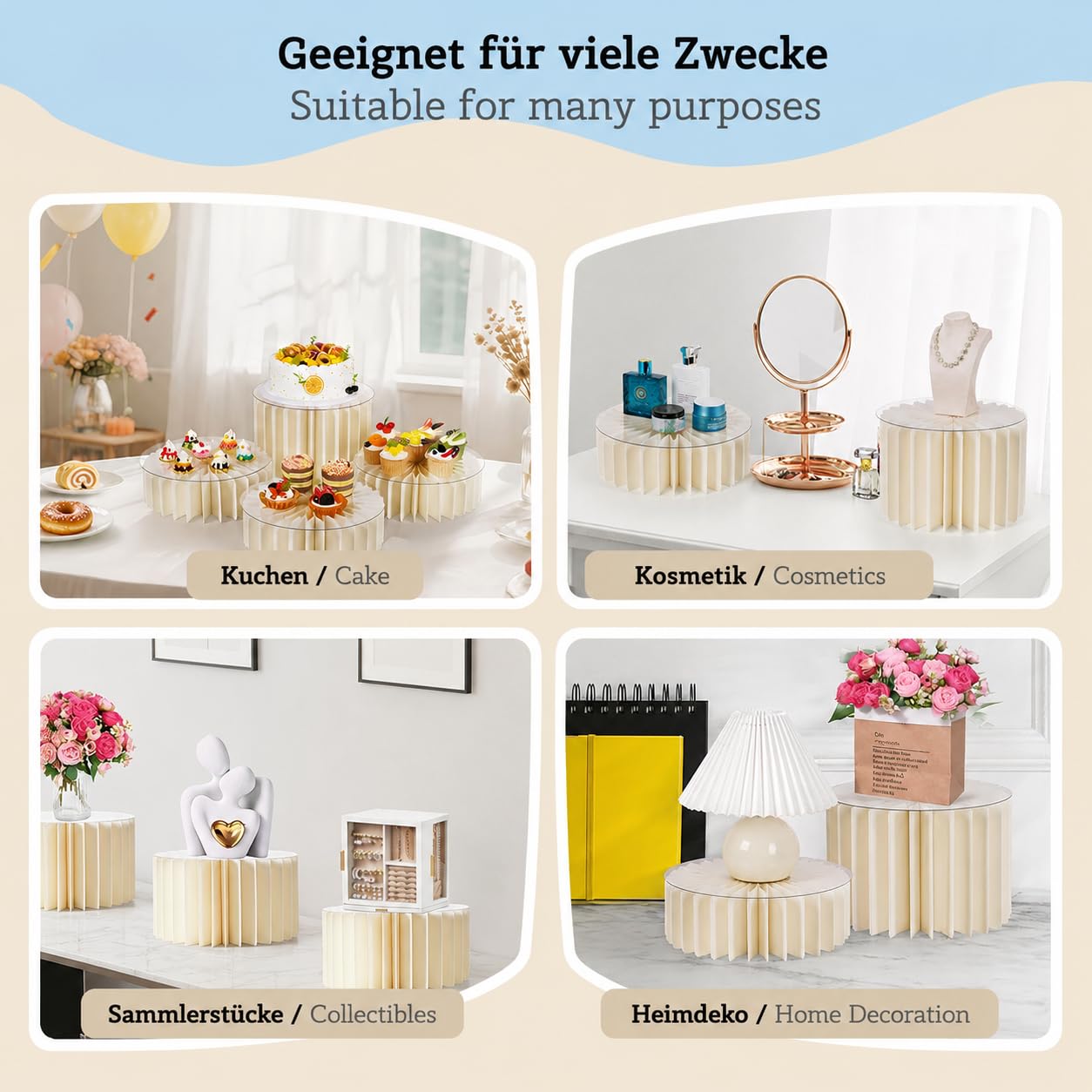 Display Ständer Set 4-teilig – Höhenverstellbare Präsentations-Erhöhungen mit stabilen PVC-Platten – Faltbares Buffet Podest für Desserttisch, Hochzeit, Geburtstag & Candy Bar Deko