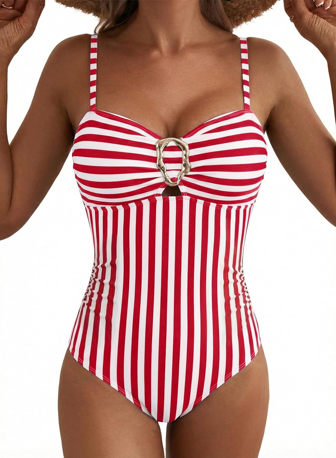 Aleumdr Womens Striped One Piece Swimsuit Tummy Control Bathing Suit with Metal Ring Cutout Swimwear
