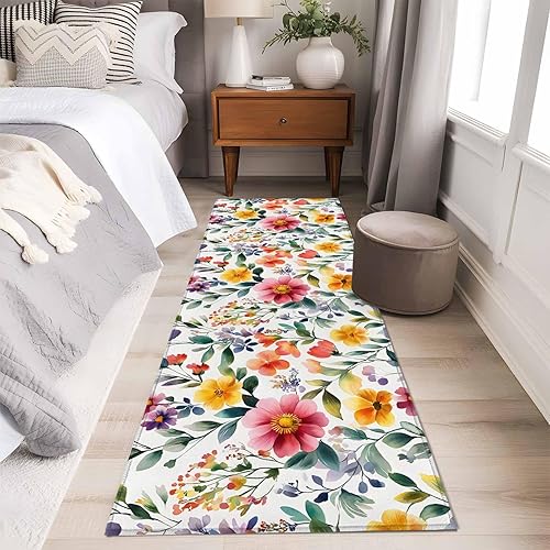 Miniatura 5 de 2x6 Kitchen Runner Rug, Retro Flower Non-Skid Rubber Backing Large Rectangle Rugs - Living Room Bedroom Home Office, Boho Country Floral Leaf Plant