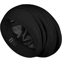 LULUSILK Silk Lined Sleep Cap, Hair Wrap for Sleeping with Adjustable Strap, Silk Bonnet for Women and Men, Black, One size
