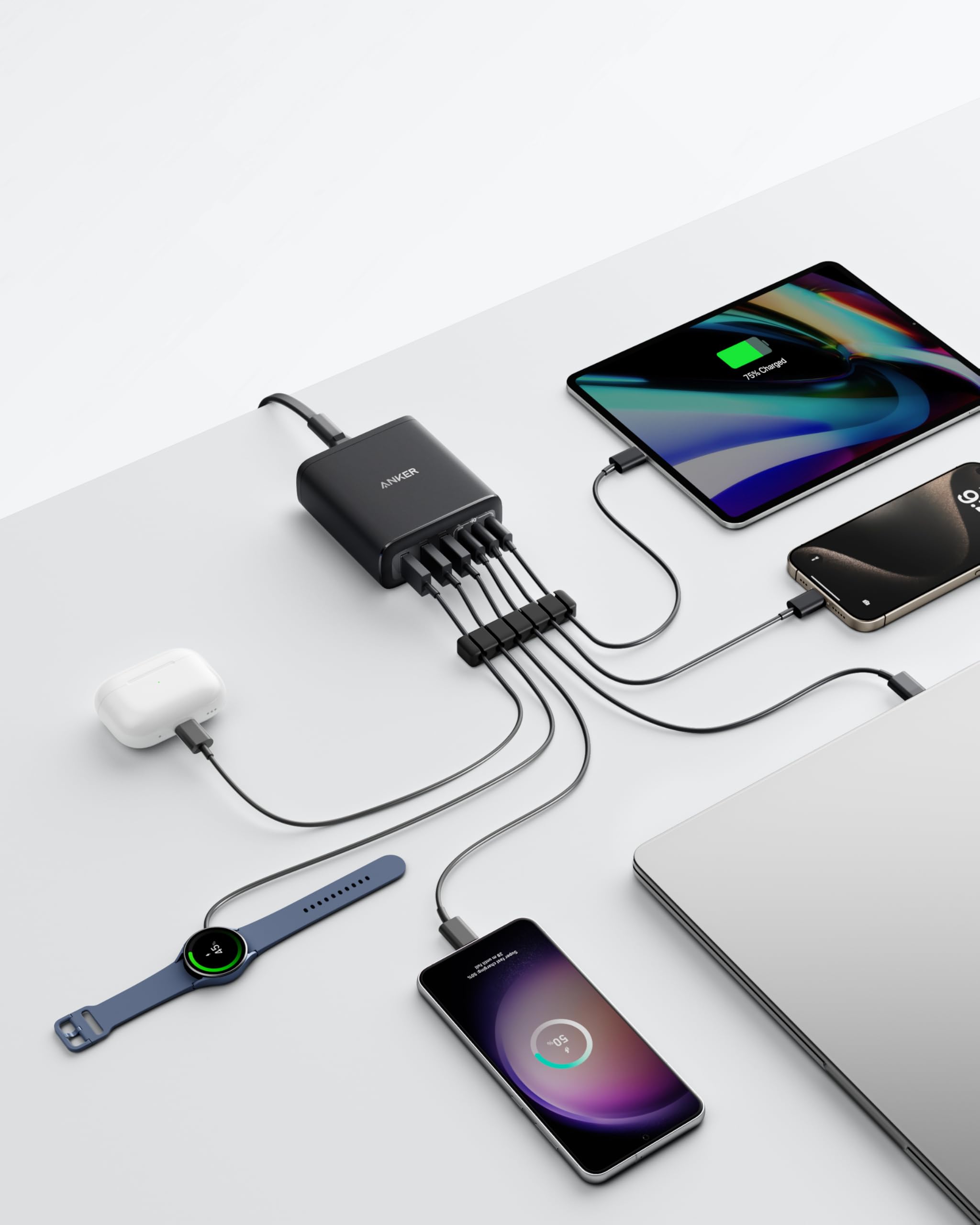 Anker Cargador USB-C, Estación de Carga de 6 Puertos con Salida de 112 W, para iPhone 16/16 Plus/16 Pro/16 Pro Max/15/14/13 Series, MacBook Air, Pixel, Galaxy, iPad y Más (Cable no Incluido)