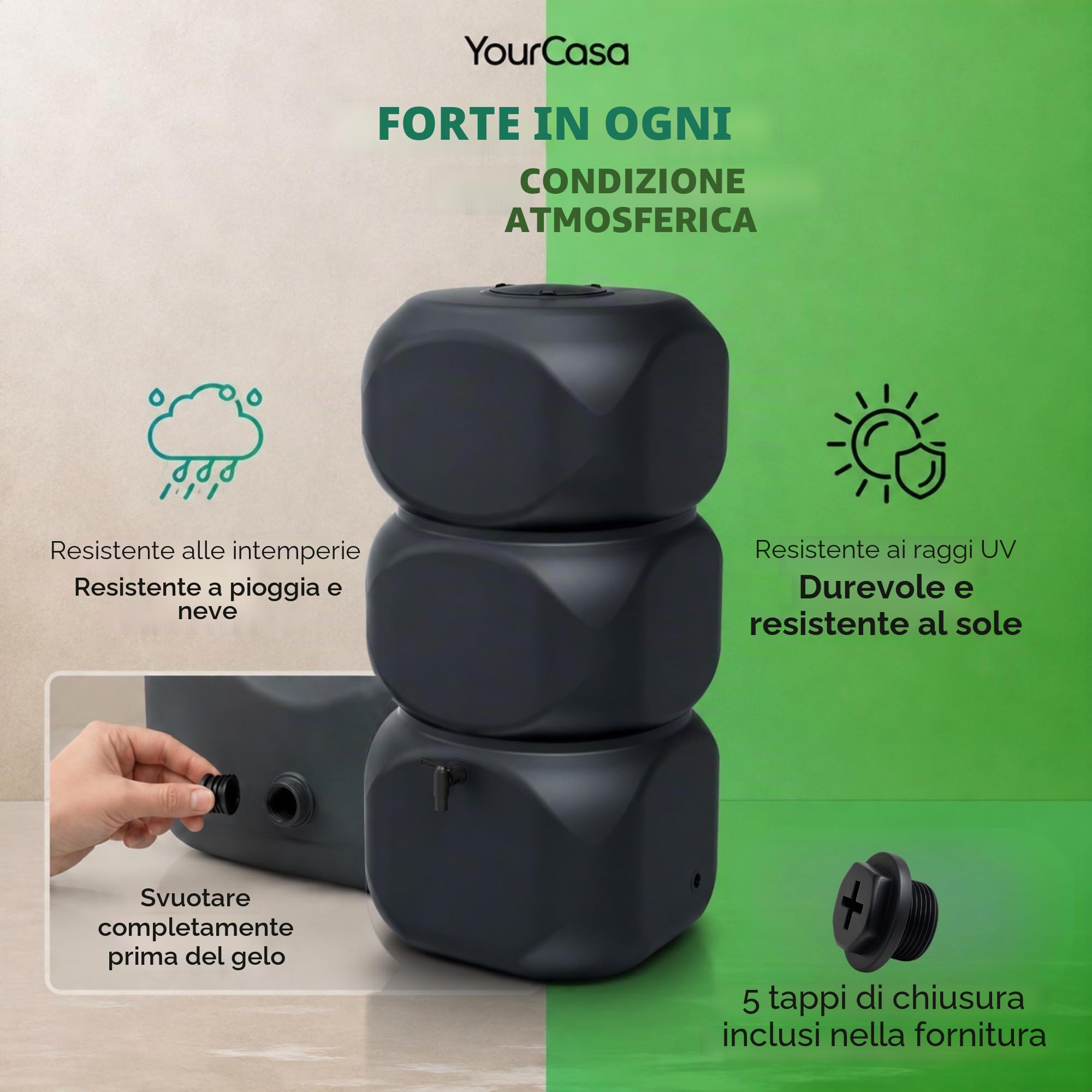 YourCasa Acqua piovana da 320 litri [Aquablock] con attacco per tubo di scarico e rubinetto e coperchio, a forma quadrata, per acqua piovana, per giardino (grigio)