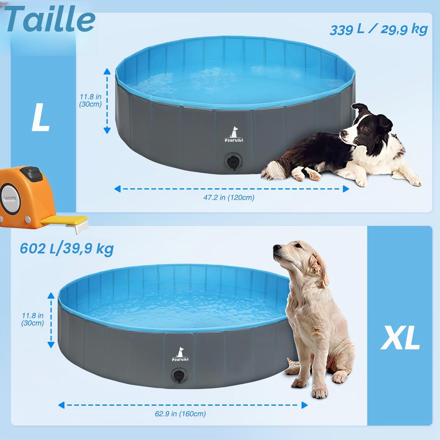 Pourbibi Piscine pour Grands Chiens, Bassin de baignade Pliable pour Chien, pataugeoire pour Chien, Baignoire PVC Portable pour Chien, Piscine pour Chiens Grands et Petits, 160 x 30 cm
