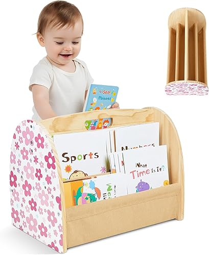 Miniatura 9 de Estantería infantil SheSeek de doble cara con 4 niveles de fundas profundas, estante de libros de madera para niños Montessori para habitación de