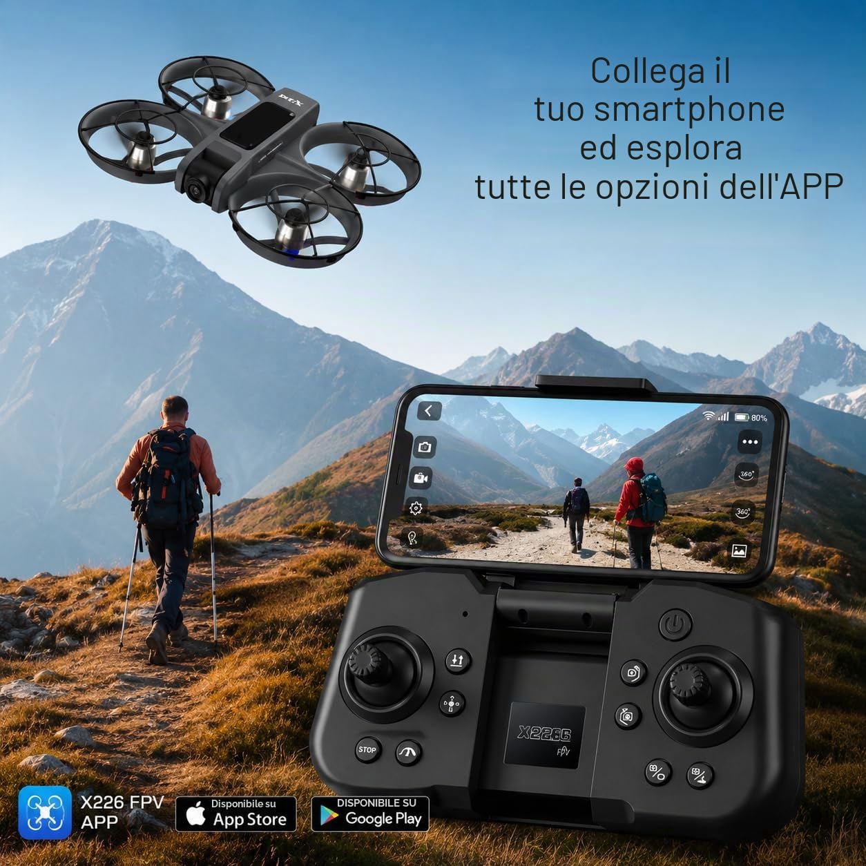 X226 VR Drone FPV con Occhiali VR, Fotocamera 720P, Motore Brushless, Stabilizzazione Ottica, Acrobazie 360°, Modalità Principiante e Doppia Fotocamera