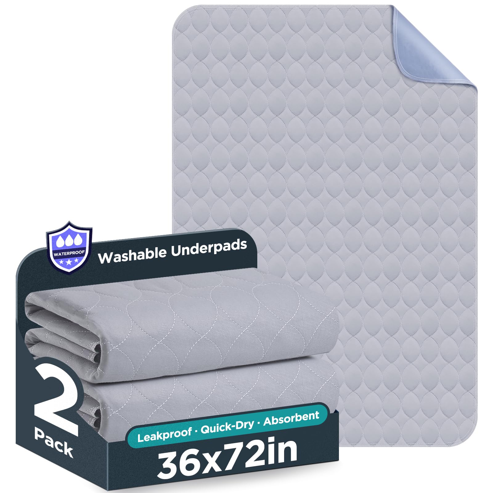 Photo 1 of Washable Bed Pads 36" x 72" - 2 Pack, Grey, Waterproof Bed Pads for Incontinence, Bed Wetting Pads for Bed, Sofa, Floor, Resuable Underpads for Adults, Seniors, Pet