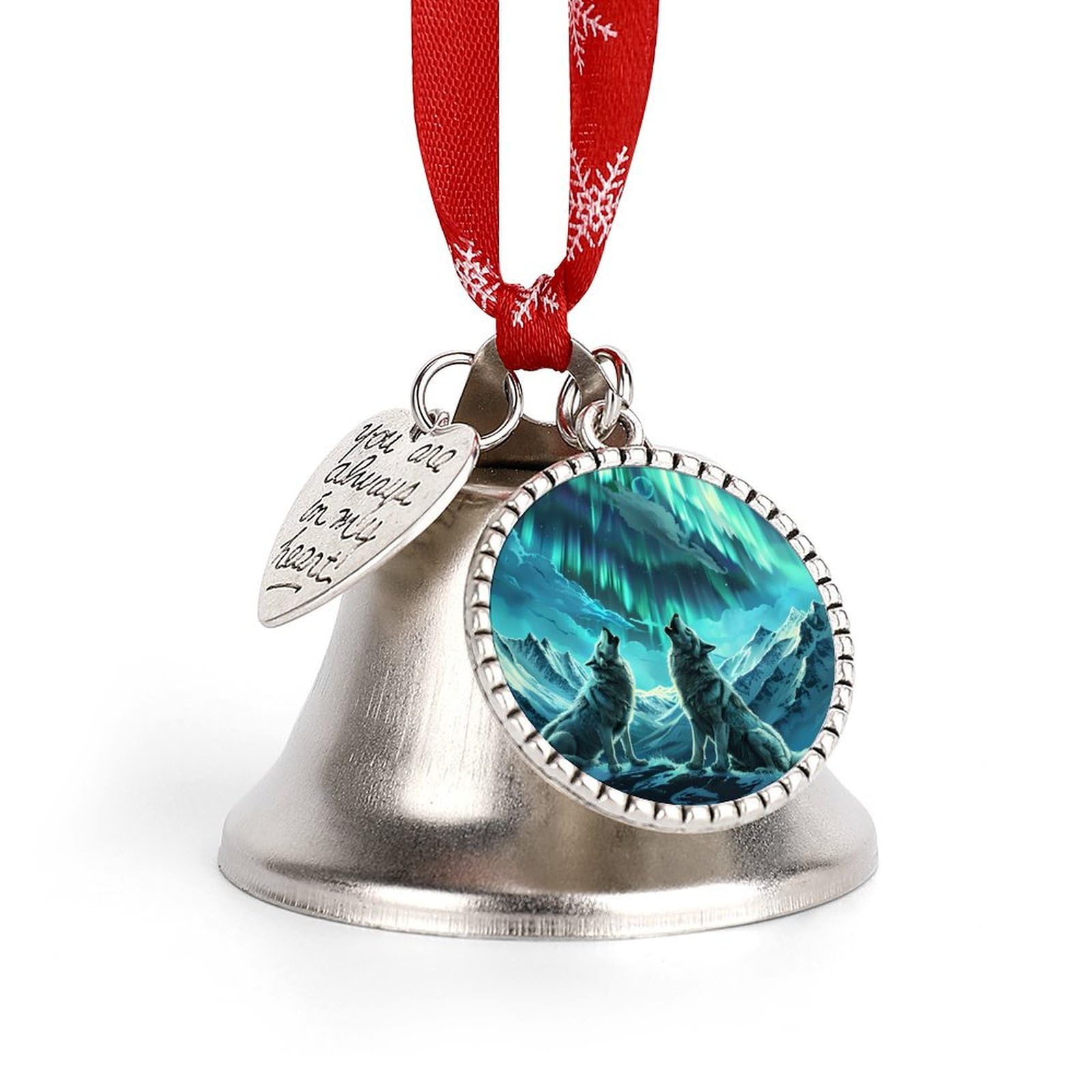 Wolves Howling Northern Lights Funny Christmas Bell Ornament Cute Xmas Tree Hanging Pendant Decoration for Holidays Party