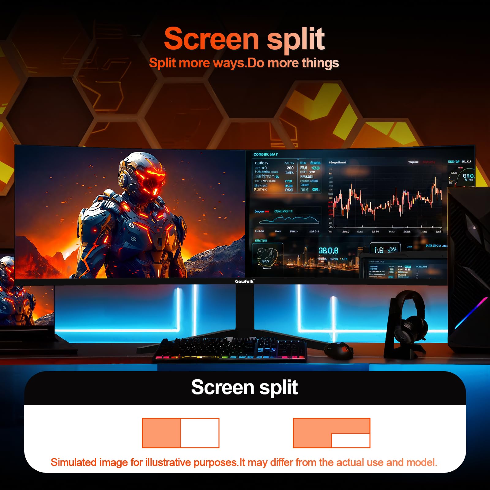 Gawfolk 49 Zoll Curved Gaming Monitor 165Hz, 1500R Gebogen PC Bildschirm mit Lautsprecher, 5120x1440 DQHD Ultrawide 32:9 Computerbildschirm, Pip/PBP, DP, HDMI, unterstützt VESA 100x 100mm