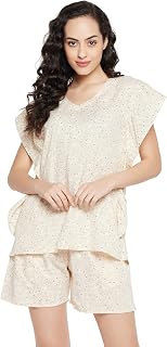 Clovia Women's Cotton Pretty Florals Kaftan Top & Short Set in Beige Price In India