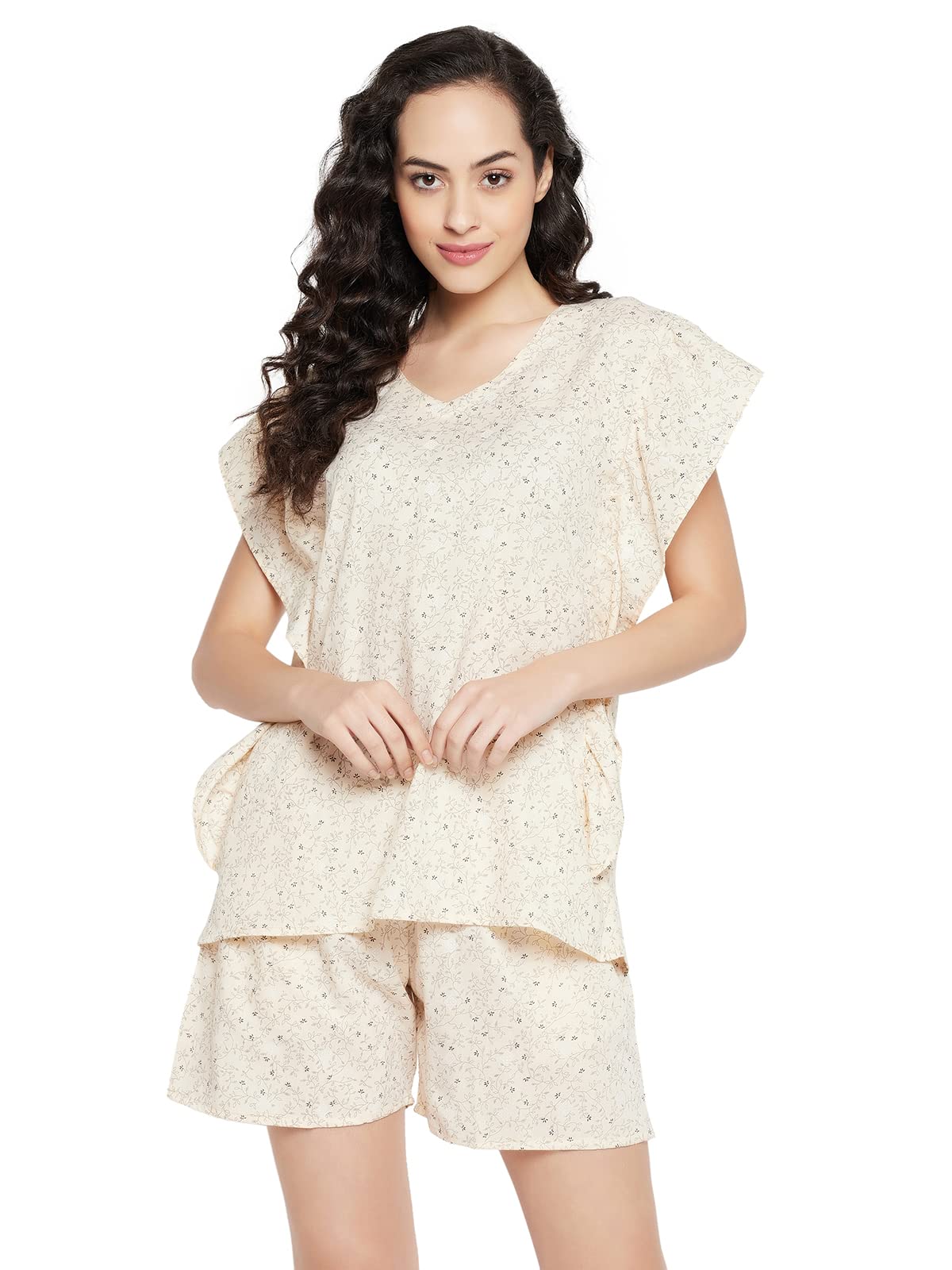 Women's Cotton Pretty Florals Kaftan Top & Short Set in Beige