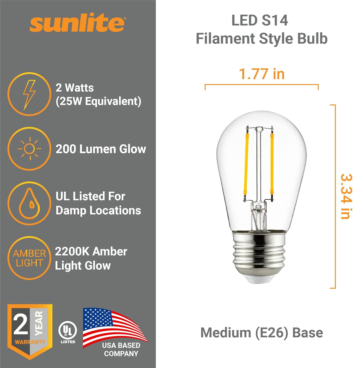 Sunlite 41655-SU LED S14 Filament Style String Light Bulb, UL Listed, 2 Watts (25W Equivalent), 200 Lumens, Medium Base (E26), Dimmable, Clear Glass, 2200K Amber, 6 Count