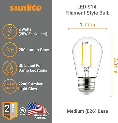 Miniatura 2 de Sunlite 81073-SU - Bombilla LED S14 estilo filamento, certificación ETL, 2 vatios (equivalente a 25 W), 200 lúmenes, base media (E26), regulable,