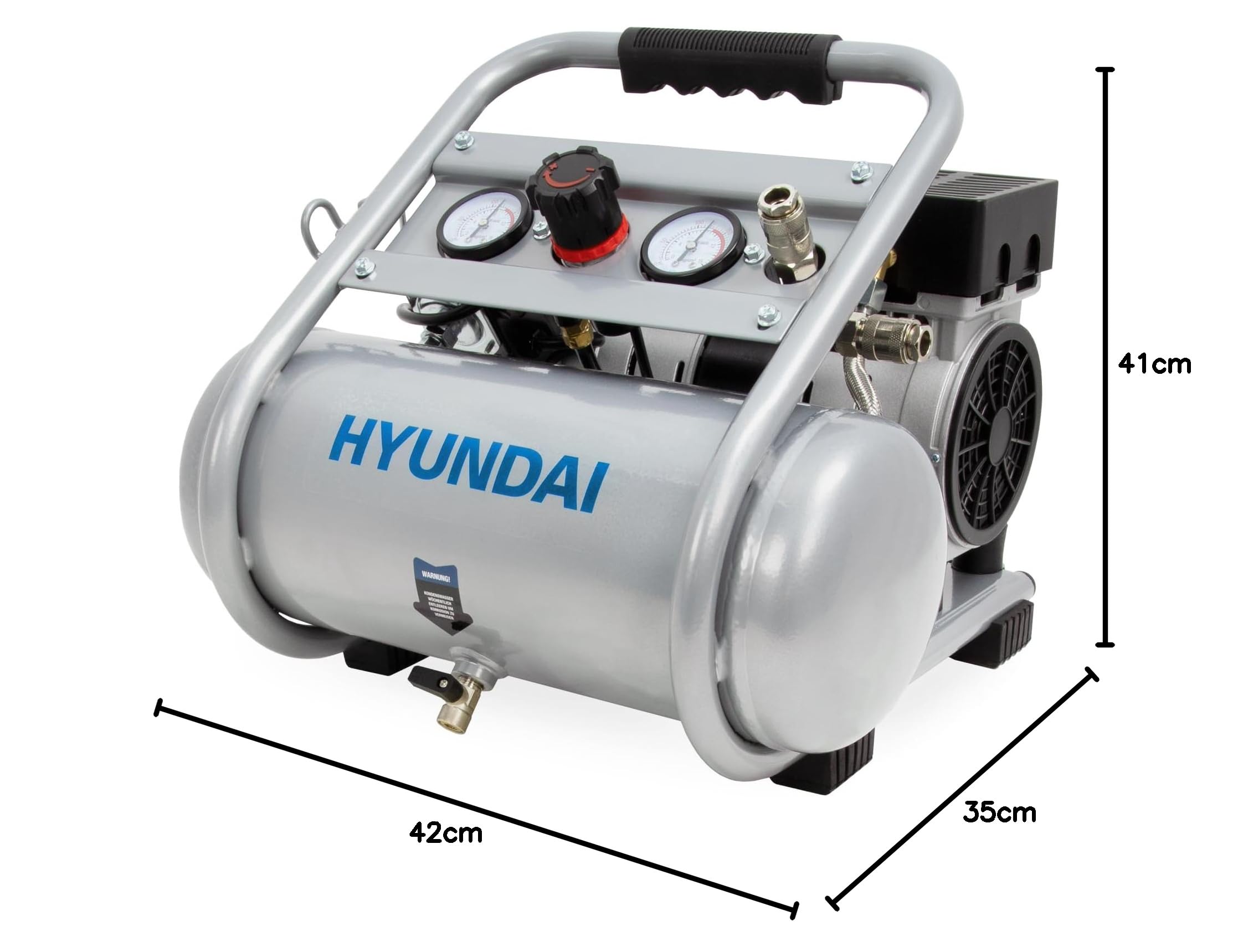 HYUNDAI Silent Kompressor SAC75008 | 8L Kessel | 0.75kW, 9bar | Ansaugleistung 128 L/Min | Luftkompressor leise, ölfrei | 2 Anschlüsse | Flüsterkompressor, Compressor flüsterleise