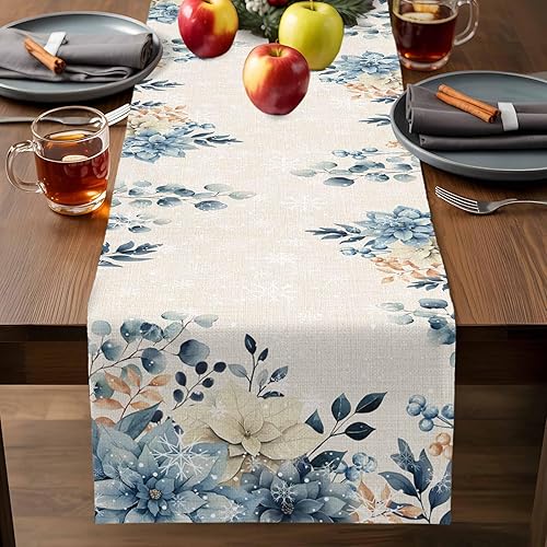 Miniatura 9 de Camino de mesa de Navidad azul de 108 pulgadas de largo, eucalipto de algodón y lino, camino de mesa de arpillera para tocador, comedor, fiesta,