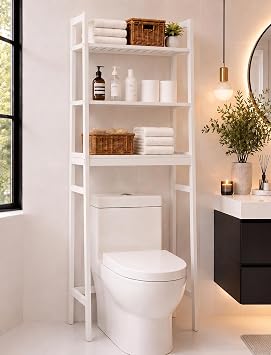 BAMBANG Over The Toilet Storage Rack, 3-Tier Over The Toilet Storage Shelf with 3 Hooks, Freestanding Above Toilet Bathroom Organizer Shelves for Space Saver Storage, Bamboo White
