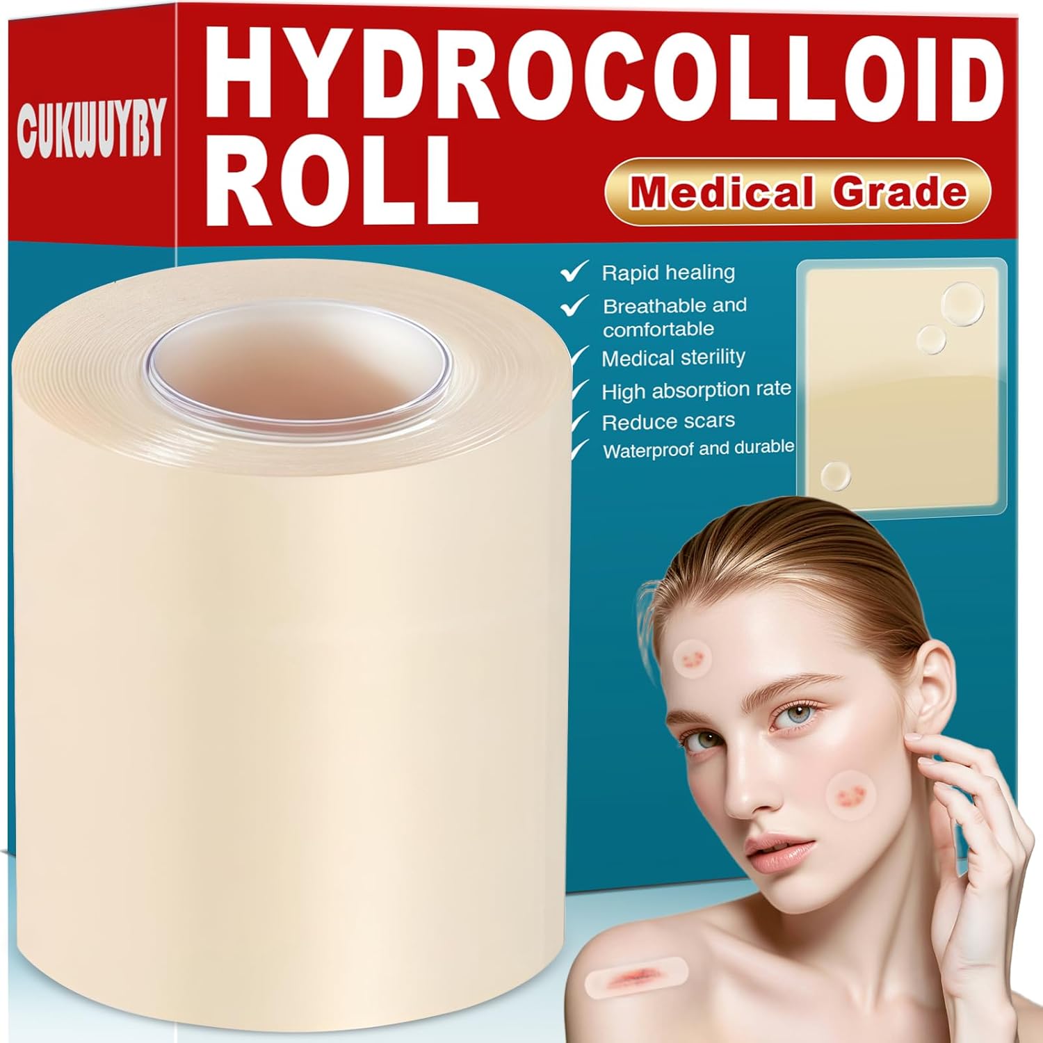 WUYUAN Hydrocolloid Roll for Wound Care Hydrocolloid Bandages with Self-Adhesive Extra Large Hydrocolloid Patch Bandages Cut-to-Size Ultra Absorbent