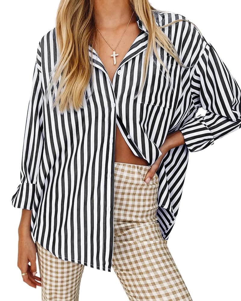 Cicy Bell Damen Blusen Gestreifte Langarm Hemden Streifen Oberteile T-Shirt Elegant V-Ausschnitt Button Down Einfarbig Casual Tops