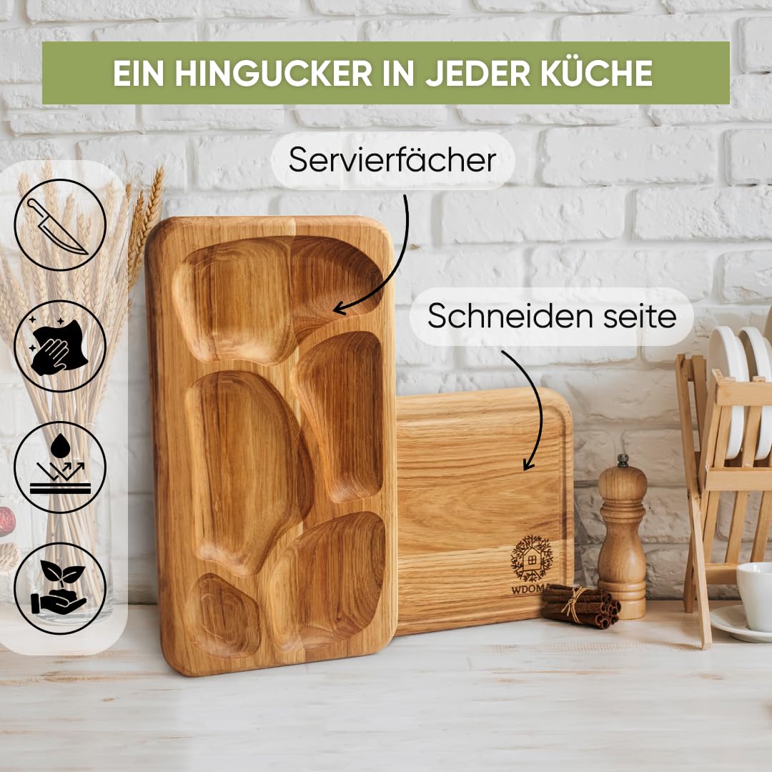 Juego de 2 tablas de desayuno de madera de roble, para servir aperitivos con compartimentos, tabla para aperitivos de madera, para servir desayuno, pan de noche, plato para servir