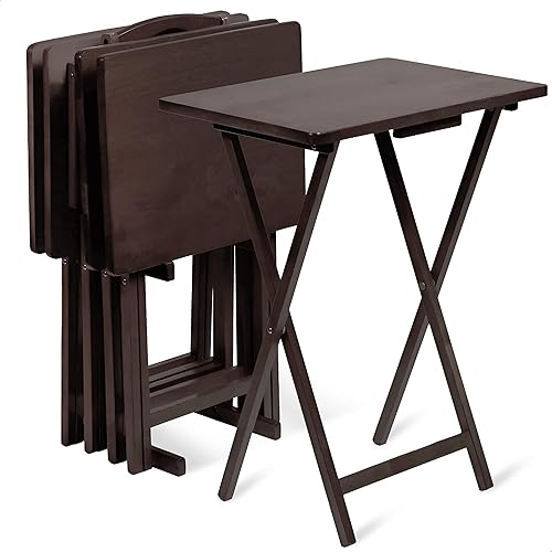 Miniatura 8 de PJ Wood Juego de 5 piezas, 4 mesas plegables de madera para TV con estante de almacenamiento, roble miel
