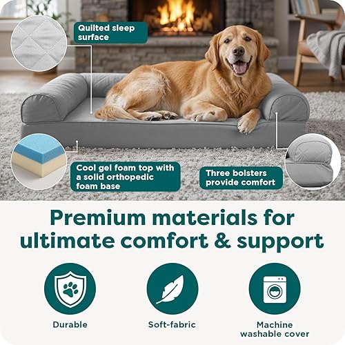 Miniatura 5 de Furhaven - Cama para perro de espuma de gel refrescante, de piel sintética y gamuza en dos tonos, estilo diván en forma de L, color gris piedra,