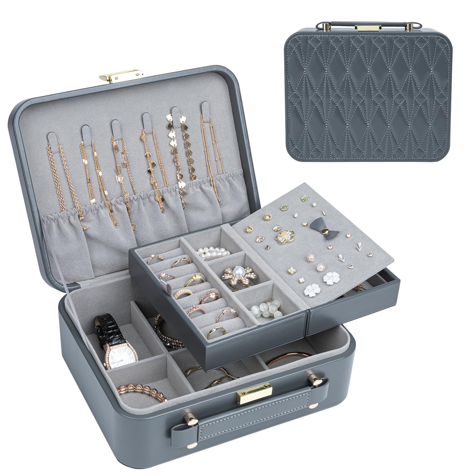 Reise-Schmuckkästchen, große Schmuckschatulle, Reise-Organizer, Schmuckkoffer mit Griff, abnehmbares Tablett, bestes Geschenk für Frauen und Mädchen (grau)