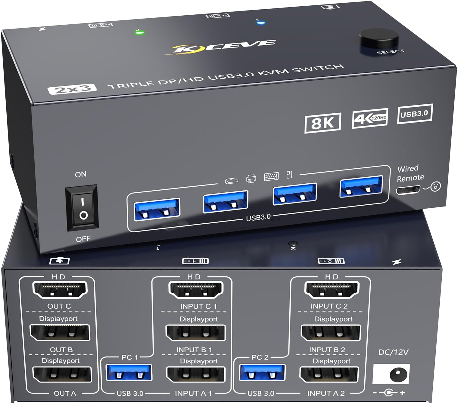 8K KVM Switch 3 Monitors 2 Computers 8K@60Hz 4K@144Hz,3 Monitors KVM Switch for 2 Computers Sharing Triple Monitors,Keyboard,Mouse,Printer with 2*USB3.0 Cables,Power Adapter and Controller