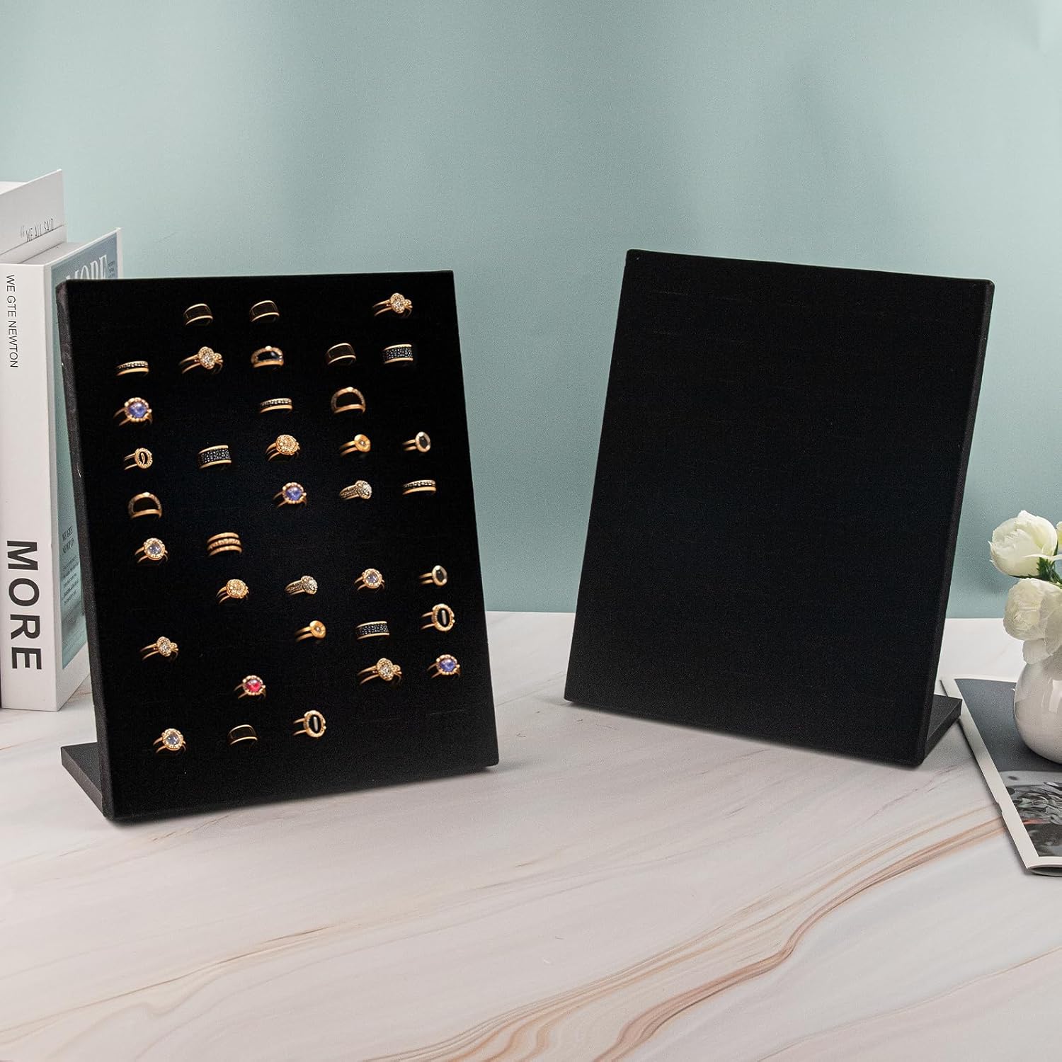 2 Pack Velvet Ring Display Stand, 50 Slots Ring Organizer Jewelry Display Tray, L-Shaped Holder Display for Selling Earrings, Black
