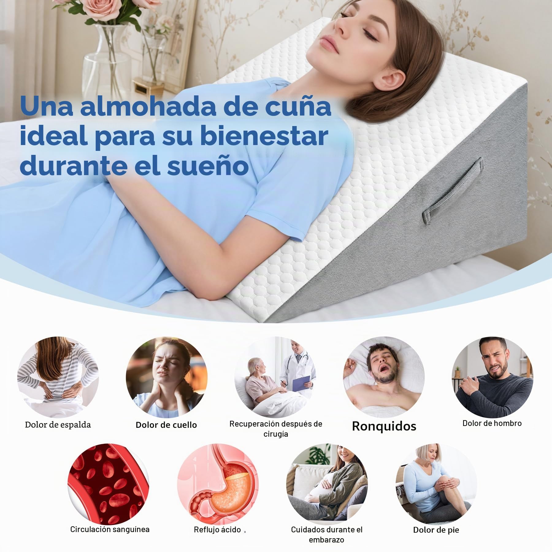 INFANZIA Cojín reclinado para cama, Almohada Triangular Ergonómica en memoria de forma para apnea del sueño, cojín de esquina, ronquidos, reflujo ácido (blanco)