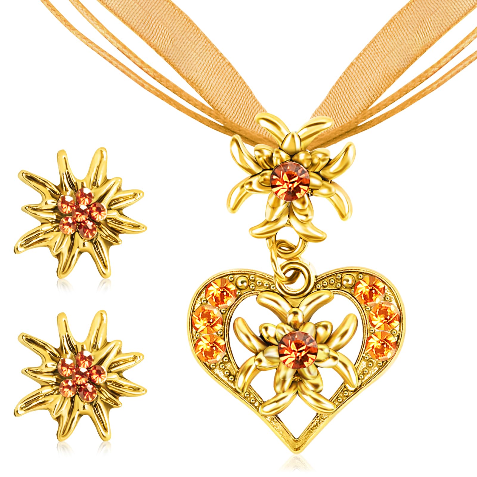 Set Gioielli Tradizionali Bavaresi Per Donna - Collana, Orecchini E Fermagli Capelli A Stella Alpina Con Strass - Accessori Oktoberfest