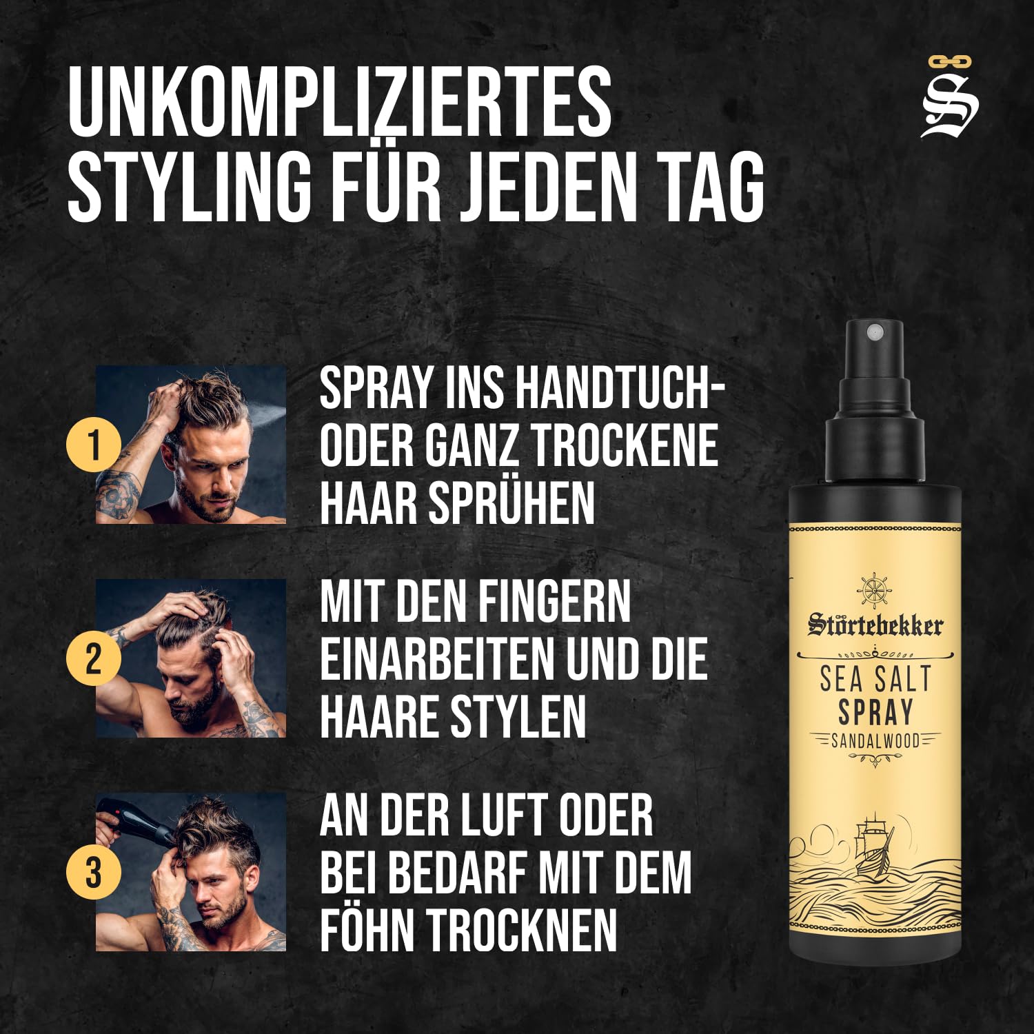 Störtebekker® Premium Sea Salt Spray Sandelholz – Salzwasserspray mit natürlichem Meersalz für Volumen, Glanz & flexiblen Halt – vegan, ohne Silikone & Parabene (200 ml) - Texture Spray Haare