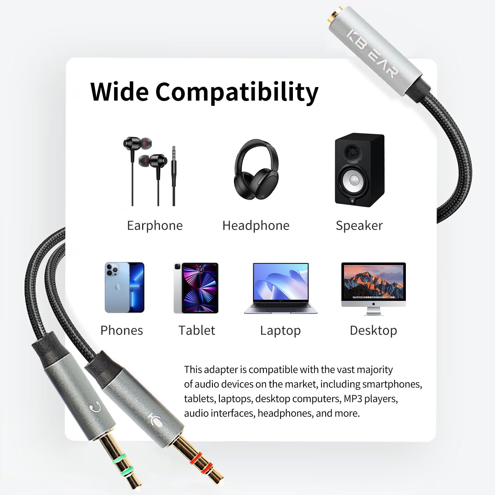KBEAR - Splitter per cuffie per computer, da femmina da 3,5 mm a 2 cavi adattatori audio intrecciati da 3,5 mm maschio da 3,5 mm, per cuffie da gioco, laptop, telefono, tablet, altoparlanti