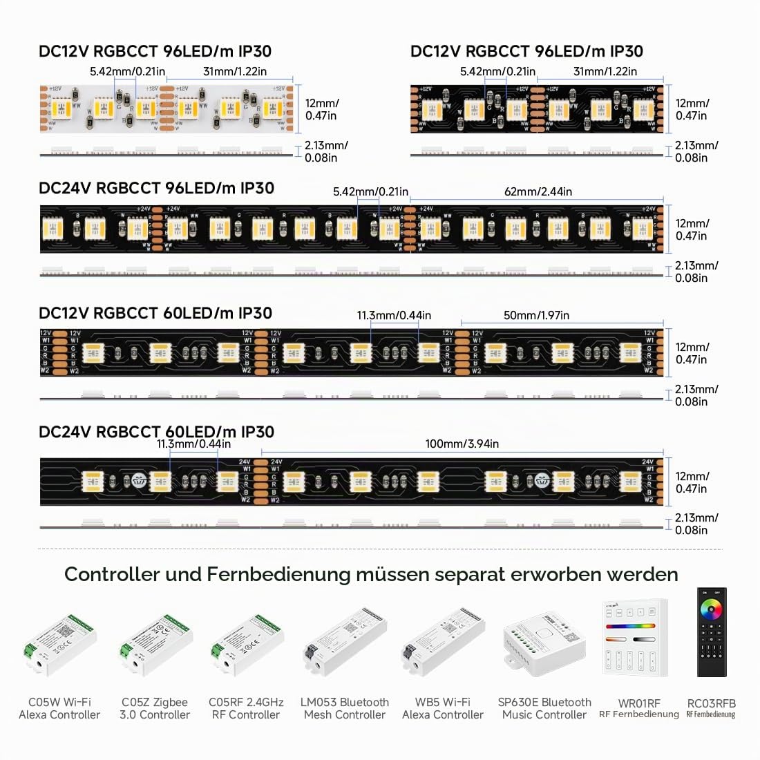SEZO 5050 RGBCCT LED Streifen lichter 5 in 1 RGB+Warmweiß 3000K-6000K 24V 5M 96LEDs/M IP30 Nicht wasserdicht RGBW RGBWW Superhelles led band für die Beleuchtung zu Hause und im Schlafzimmer