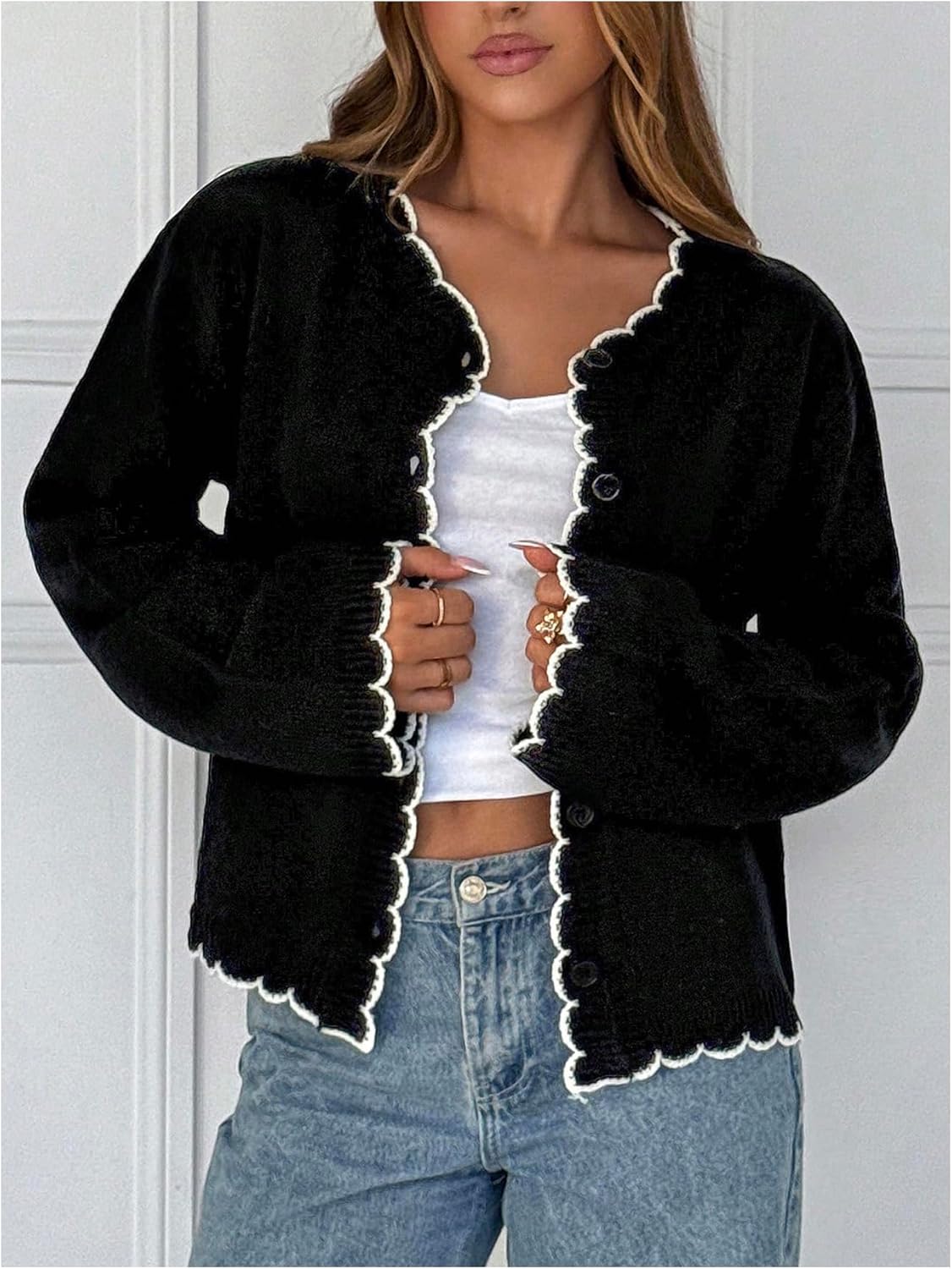 Verdusa Women's Button Down Lightweight Cardigan Fall Sweaters Elegant Formal Wave Edge Knit Outerwear - Image 3