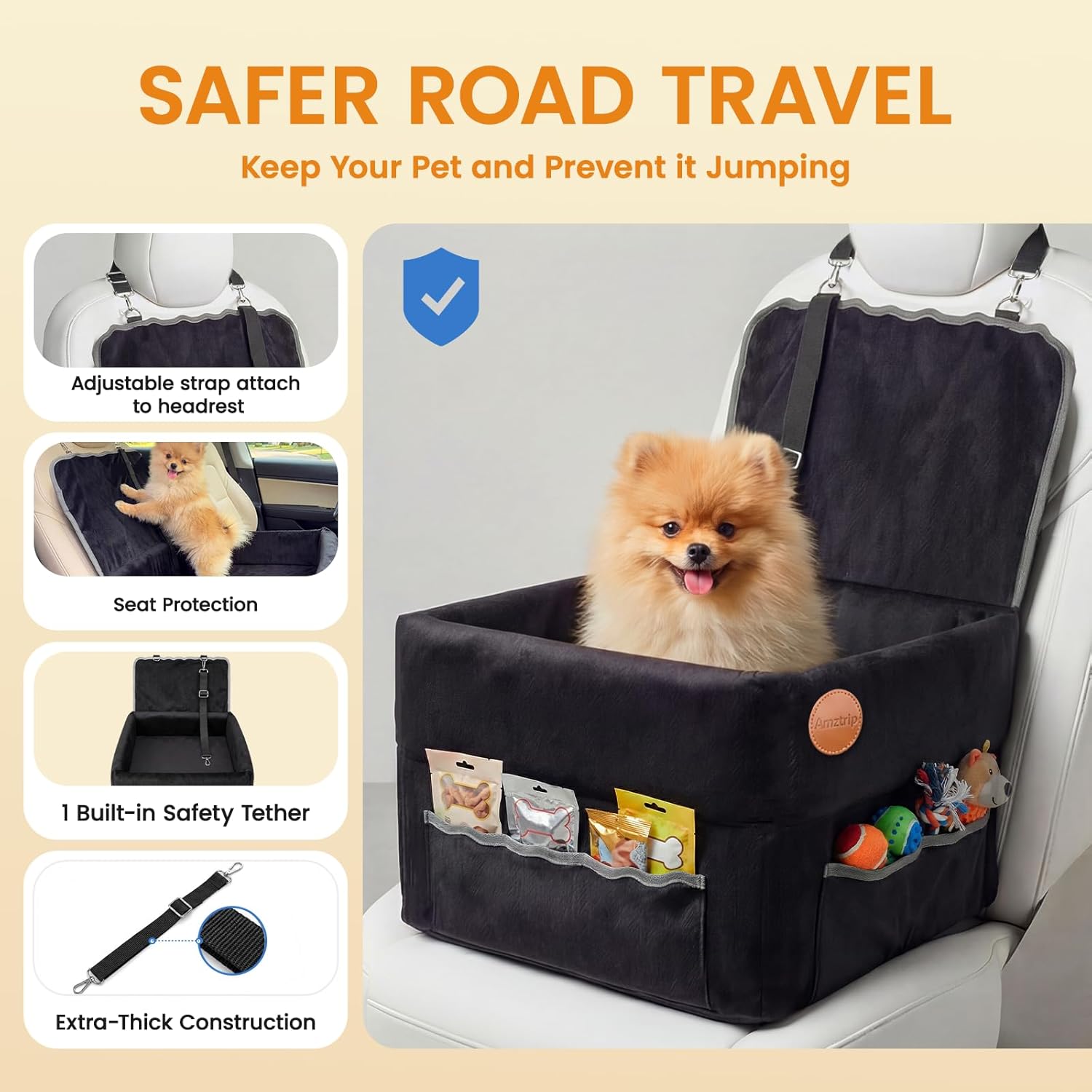 Dog Car Seat Boosters, 6.69" Elevated Car Safety Seat for Small/Medium Dogs up to 35lbs,Comfortable Soft Fabric Covered,Detachable Washable Pet Booster Seat with Safety Belt and Anti-Slip Base