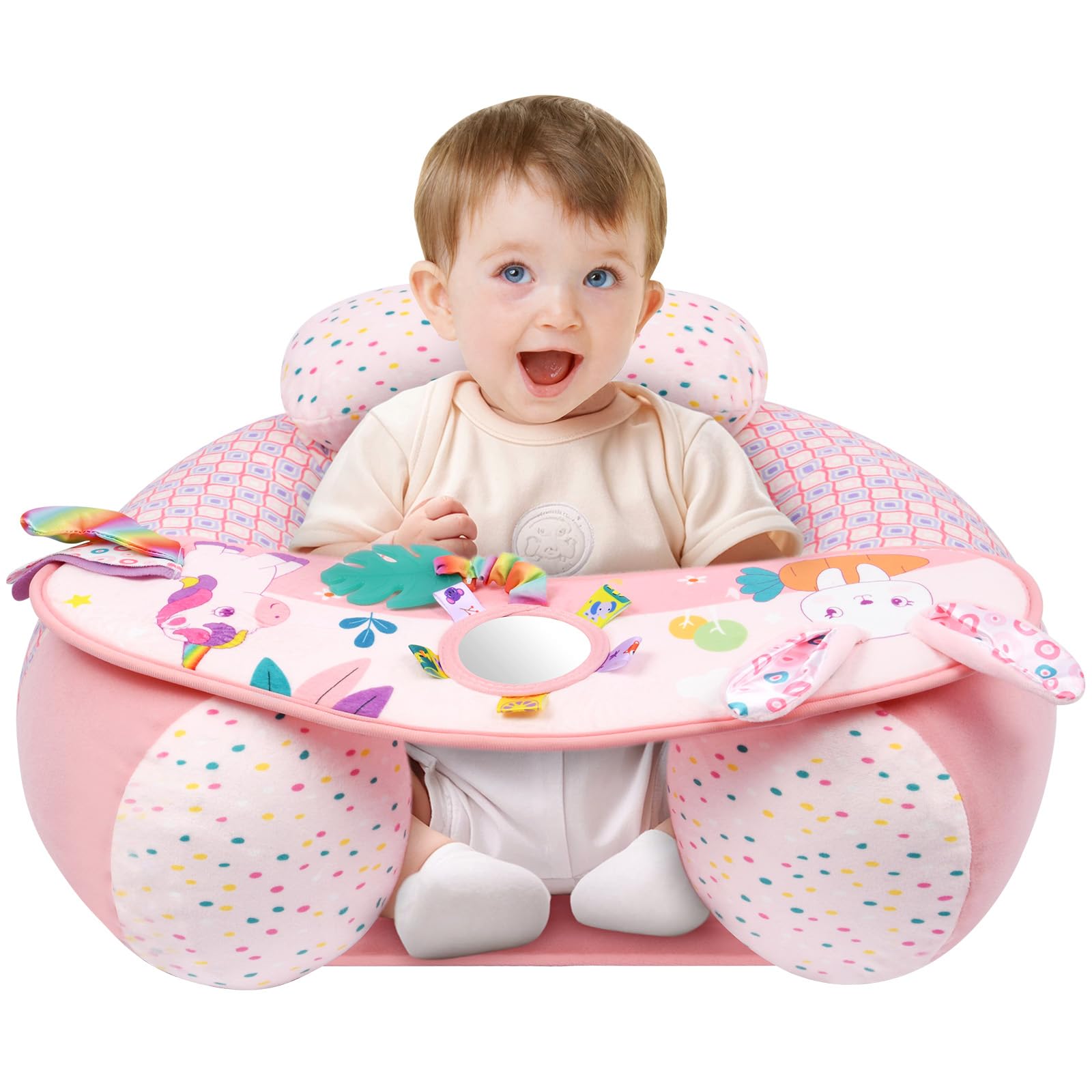 Alaoo Aufblasbarer Babystuhl, Babyschale für 3-36 Monate, tragbarer Säuglings-Luftpumpensitz, Babysitze zum Sitzen mit abnehmbarem Spieltablett, geeignet für drinnen und draußen, Rosa