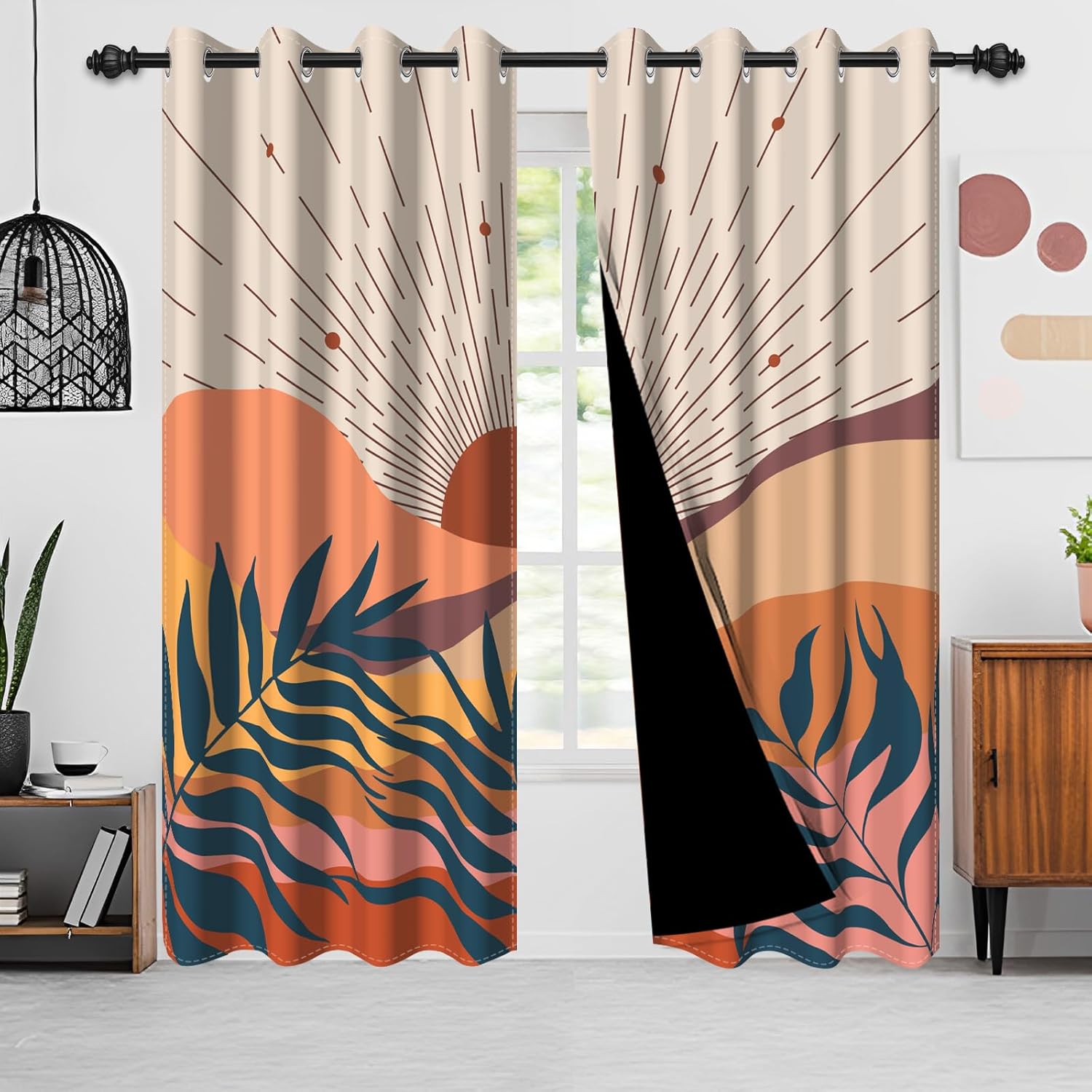 Mid Century Boho Blackout Curtains, Abstract Sunrise Mountain Window Curtains for Living Room Terracotta Thermal Insulated Room Darkening Drapes with Grommets, 53x63 Inch, 2 Panels