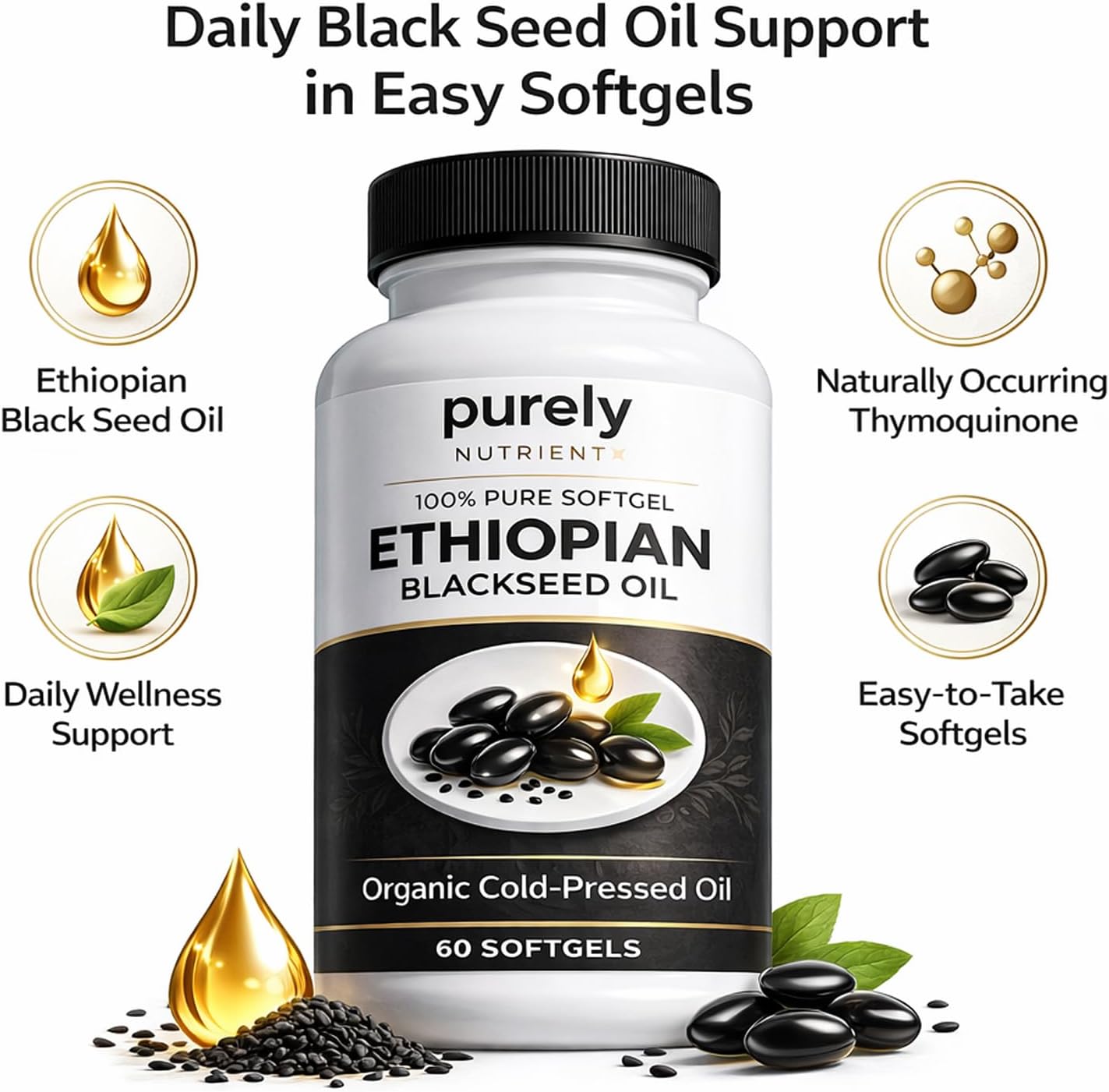 Purely Nutrient Ethiopian Black Seed Oil Capsules with Thymoquinone – Organic Cold Pressed, Immune Support, Digestion & Energy Supplement – Non-GMO, Gluten-Free – 60 Softgels