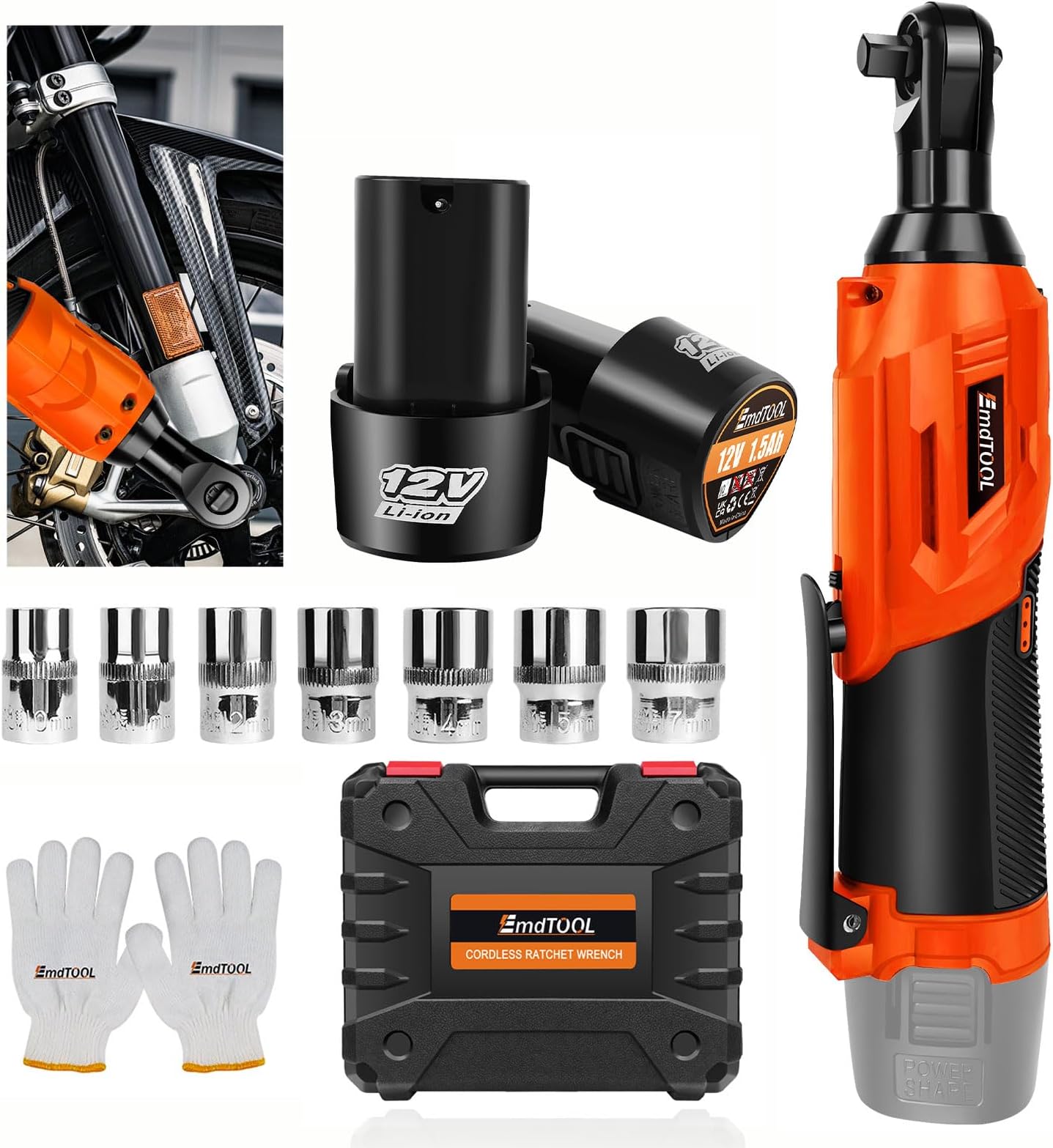 3/8" Electric Cordless Ratchet Wrench Set, Max Torque 40N.m, 0-300rpm, Impact Drive Ratchet Rattle Nut Gun with 2 x Lithium-Ion 1.5Ah Battery &7 PCS Sockets Tool Kit