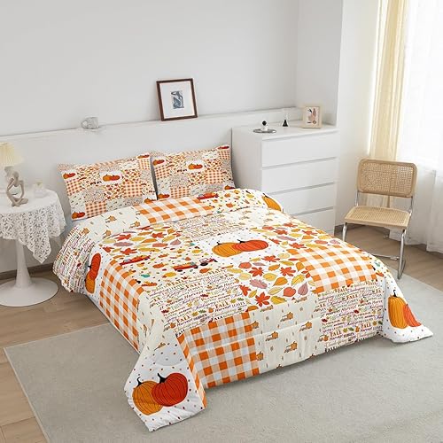 Miniatura 2 de Juego de edredón de calabaza de otoño, tamaño Queen, juego de ropa de cama de Acción de Gracias, 3 piezas de hojas de arce, tractores de granja,